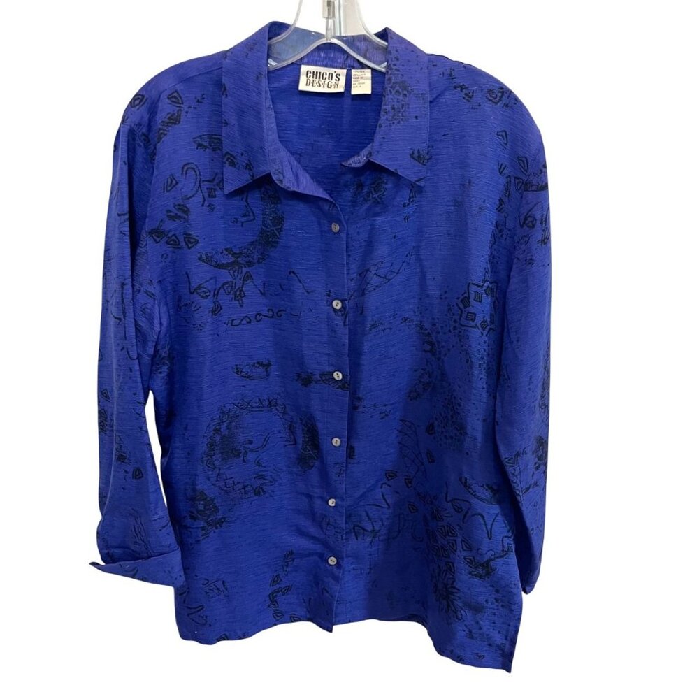 Chico's Blue Artsy Print Silk Linen Button Down Blouse Top - Size 2, Large